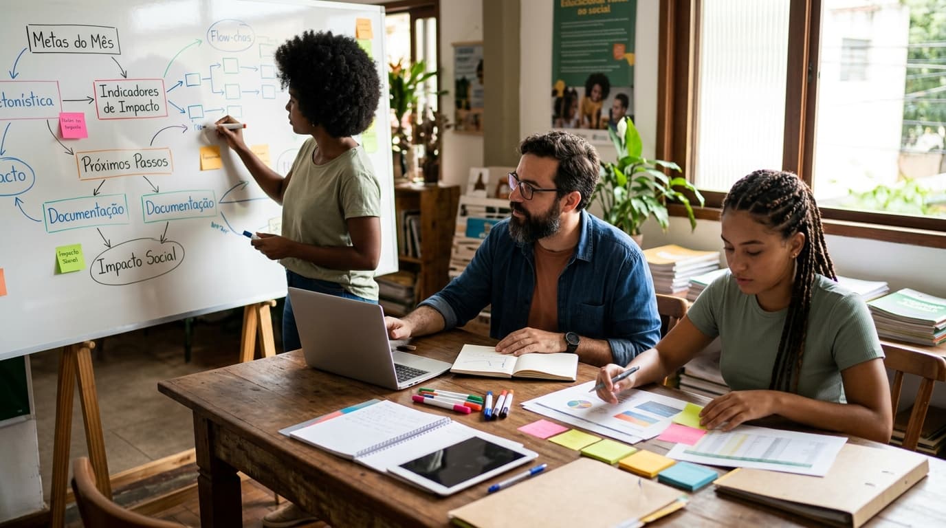 Uma pessoa desenha no quadro branco um diagrama que liga metas do mês a indicadores de impacto, documentação e impacto social, enquanto outras duas acompanham de uma mesa com cadernos, post-its e relatórios com gráficos.