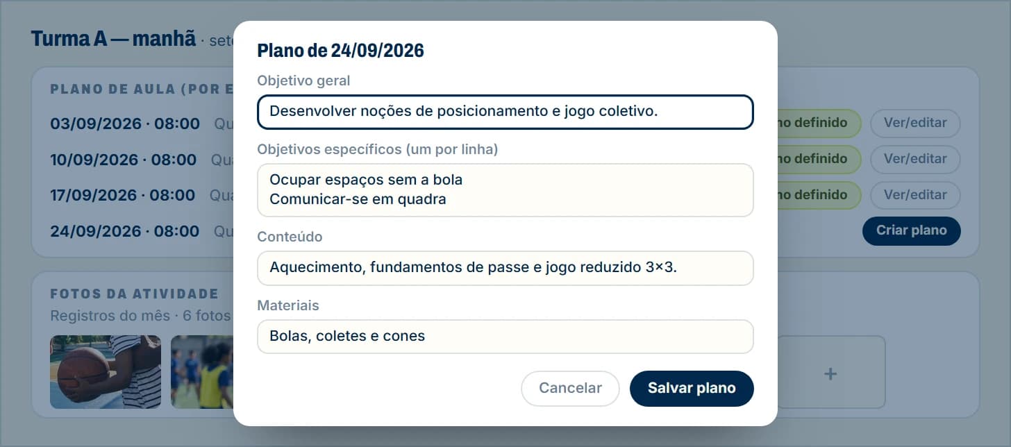 O plano de aula de um encontro, aberto para edição, e as fotos da atividade.